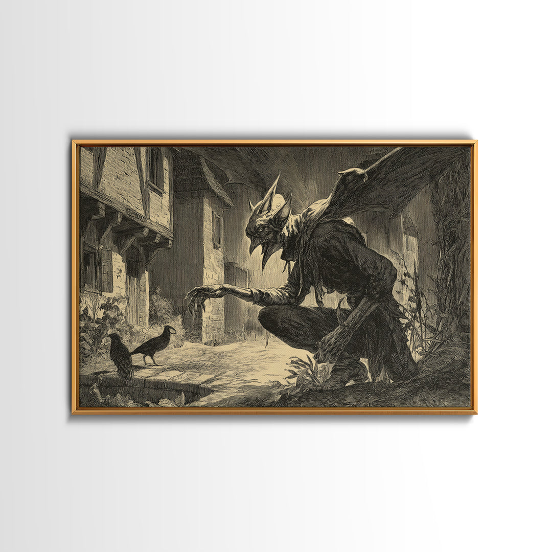 The Bat-Winged Imp, Symbolist Etching Art, Landscape Wall Art, Macabre Wall Art, Framed Canvas Print, Halloween Wall Art