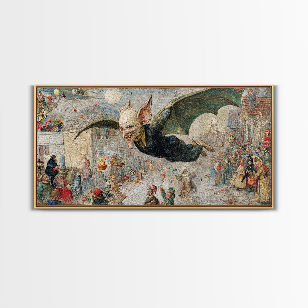 The Bat-Winged Imp, Grotesque Carnival Art, Wide Panoramic Art, Macabre Wall Art, Framed Canvas Print, Halloween Wall Art, Halloween Decor