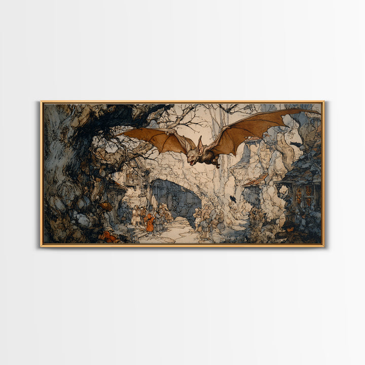 The Bat-Winged Imp, Gothic Storybook Art, Wide Panoramic Art, Dark Fantasy Wall Art, Framed Canvas Print, Halloween Wall Art