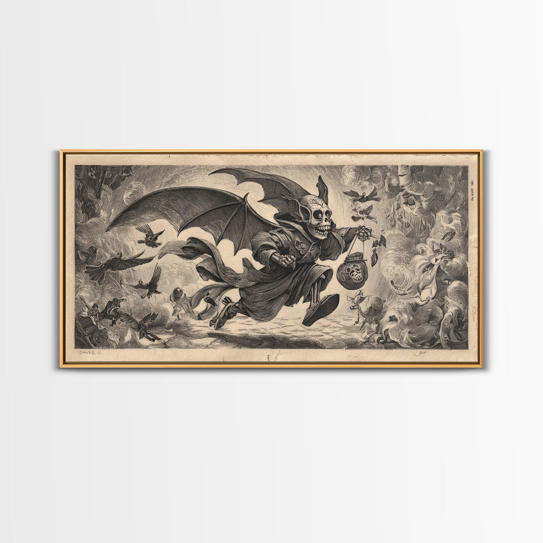 The Bat-Winged Imp, Macabre Folk Print Art, Wide Panoramic Art, Dark Halloween Decor, Framed Canvas Print, Halloween Wall Art