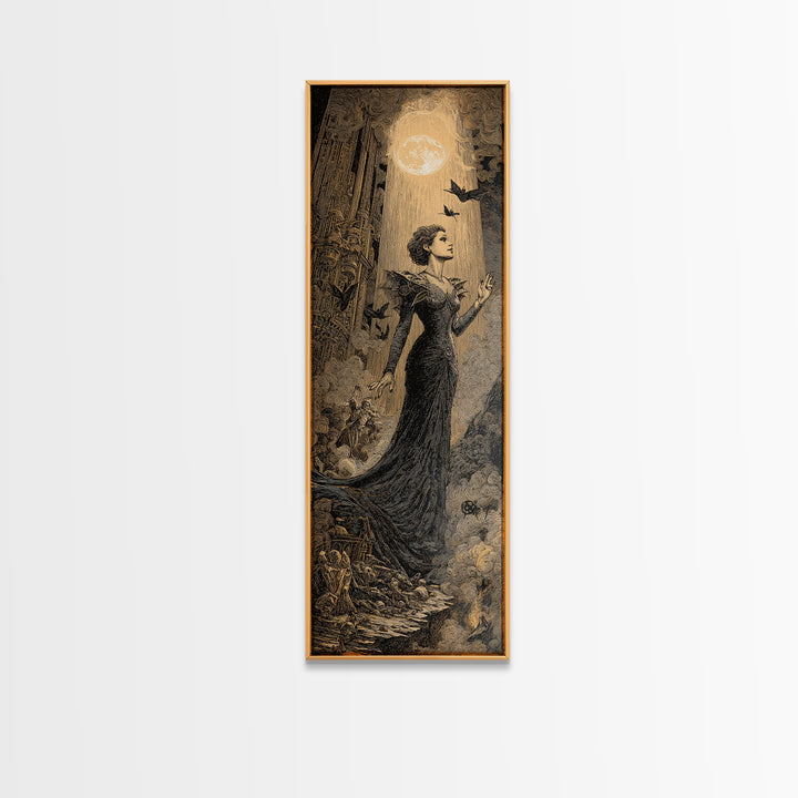 The Spider Queen, Gothic Engraving Art, Tall Narrow Wall Art, Dark Fantasy Wall Art, Framed Canvas Print, Halloween Wall Art