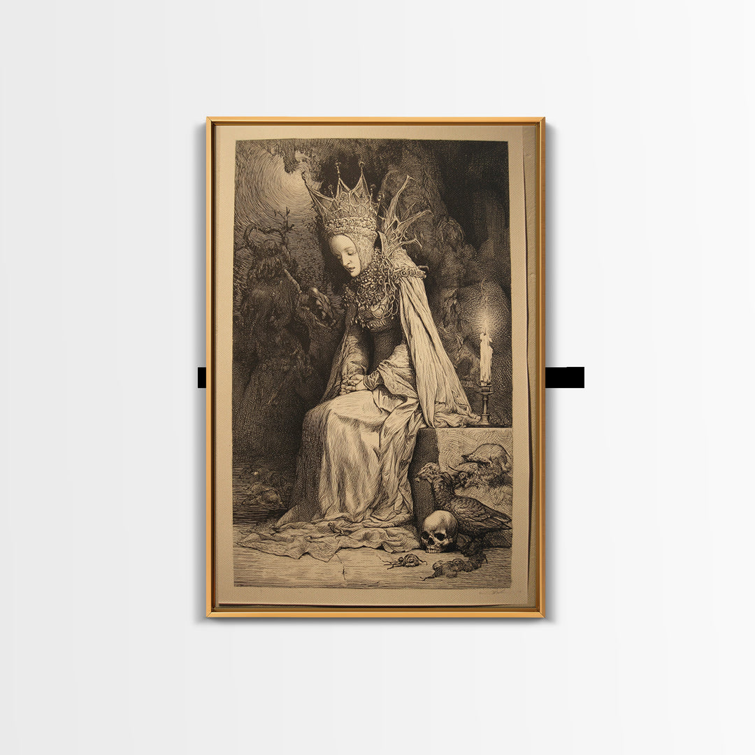 The Spider Queen, Renaissance Engraving Art, Vertical Wall Art, Dark Halloween Decor, Framed Canvas Print, Halloween Wall Art