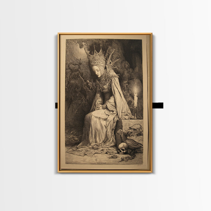 The Spider Queen, Renaissance Engraving Art, Vertical Wall Art, Dark Halloween Decor, Framed Canvas Print, Halloween Wall Art