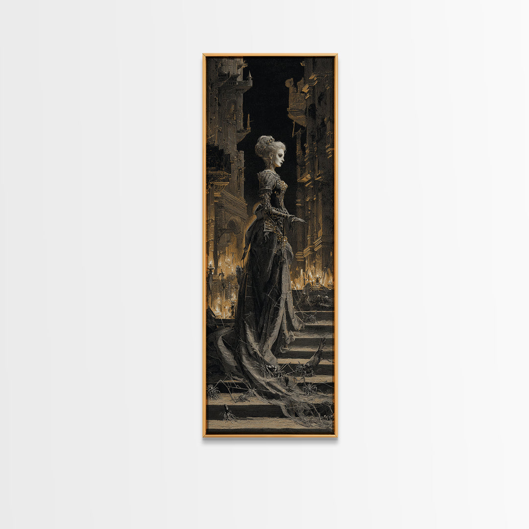 The Spider Queen, Architectural Etching Art, Tall Narrow Wall Art, Dark Fantasy Wall Art, Canvas Print, Halloween Wall Art