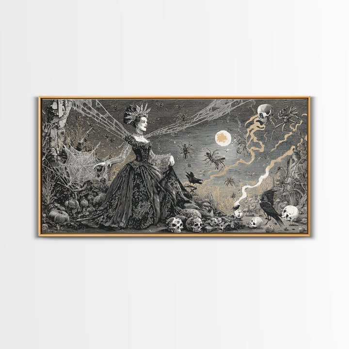 The Spider Queen, Macabre Folk Print Art, Wide Panoramic Art, Dark Halloween Decor, Canvas Print, Halloween Wall Art