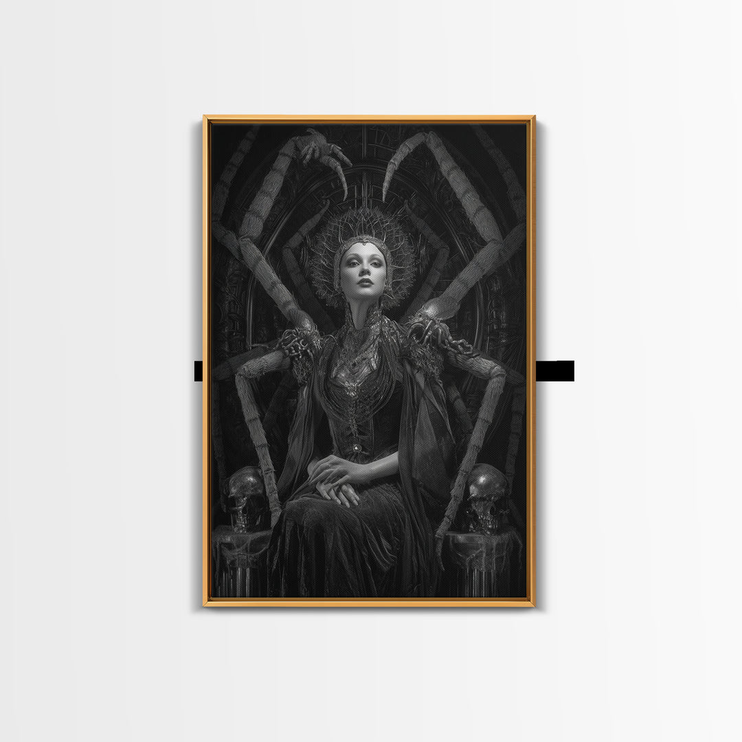 The Spider Queen, Biomechanical Horror Art, Vertical Wall Art, Dark Halloween Decor, Framed Canvas Print, Halloween Wall Art