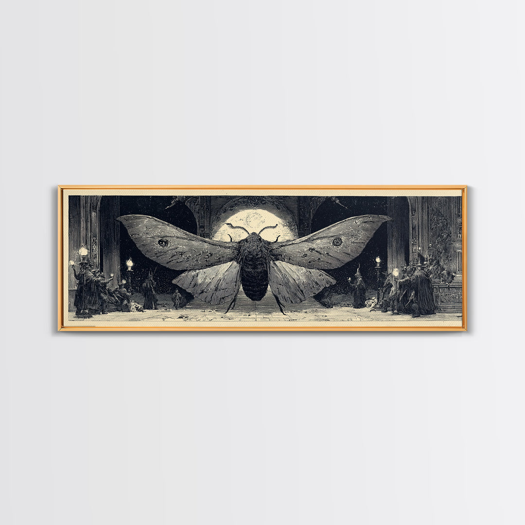 The Red-Eyed Moth Creature, Renaissance Engraving Art, Extra Wide Wall Art, Dark Halloween Decor, Canvas Print, Halloween Wall Art