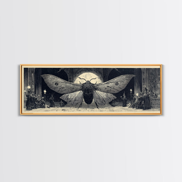 The Red-Eyed Moth Creature, Renaissance Engraving Art, Extra Wide Wall Art, Dark Halloween Decor, Canvas Print, Halloween Wall Art