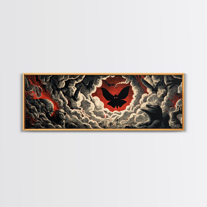 The Red-Eyed Moth Creature, Gothic Nightmare Art, Extra Wide Wall Art, Dark Halloween Decor, Canvas Print, Halloween Wall Art
