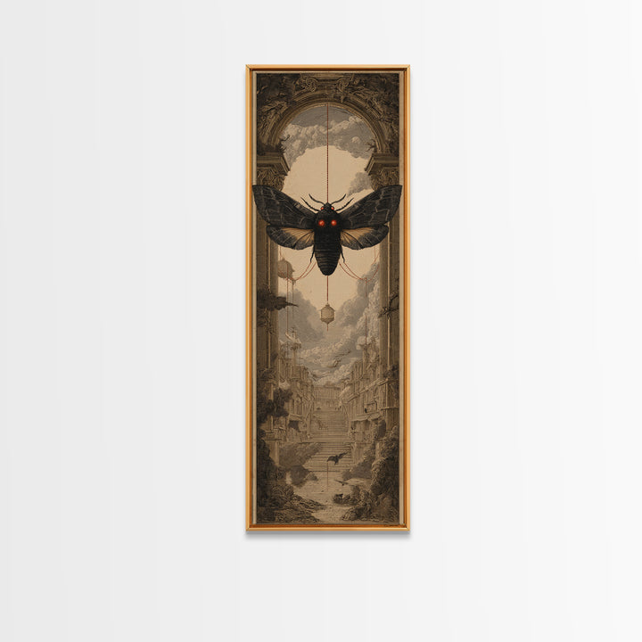 The Red-Eyed Moth Creature, Architectural Etching Art, Tall Narrow Wall Art, Macabre Wall Art, Canvas Print, Horror Wall Art