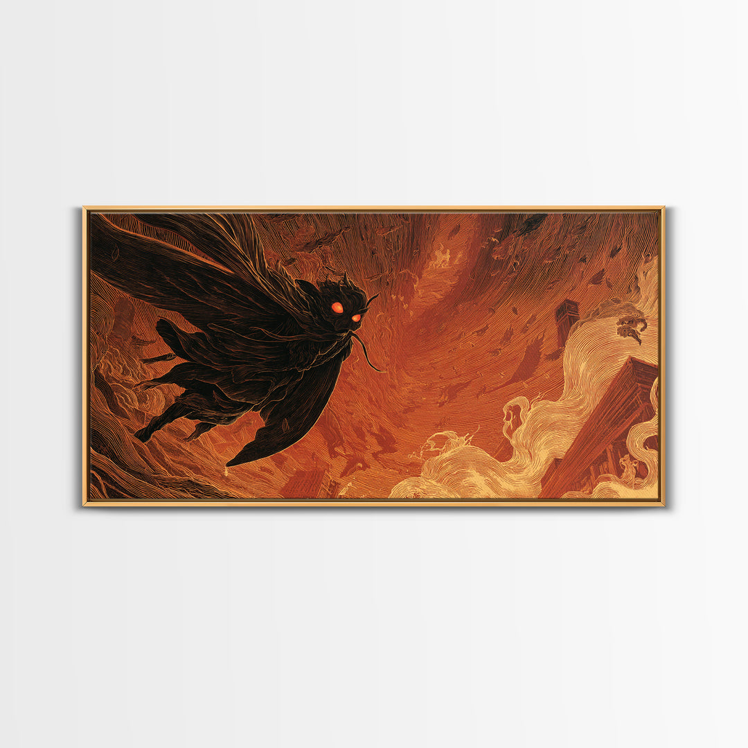 The Red-Eyed Moth Creature, Apocalyptic Romantic Art, Wide Panoramic Art, Macabre Wall Art, Canvas Print, Halloween Wall Art