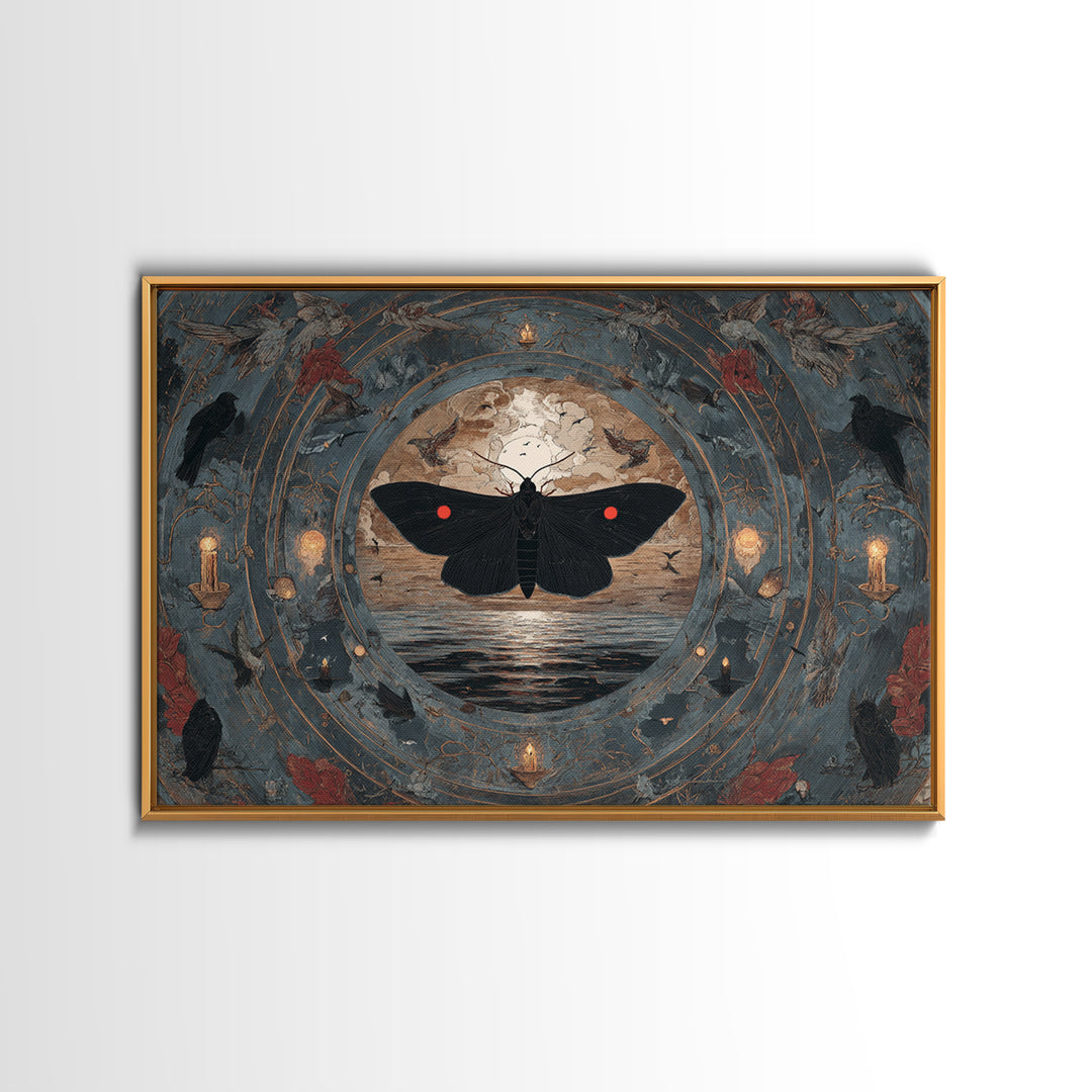 The Red-Eyed Moth Creature, Symbolist Gothic Landscape, Landscape Wall Art, Dark Halloween Decor, Framed Canvas Print, Halloween Wall Art