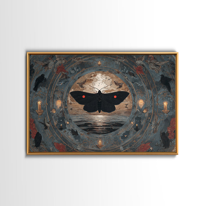 The Red-Eyed Moth Creature, Symbolist Gothic Landscape, Landscape Wall Art, Dark Halloween Decor, Framed Canvas Print, Halloween Wall Art