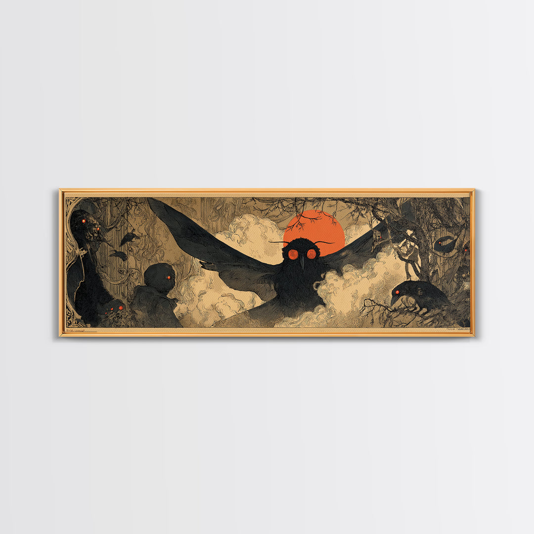 The Red-Eyed Moth Creature, Decadent Gothic Art, Extra Wide Wall Art, Dark Halloween Decor, Canvas Print, Halloween Wall Art