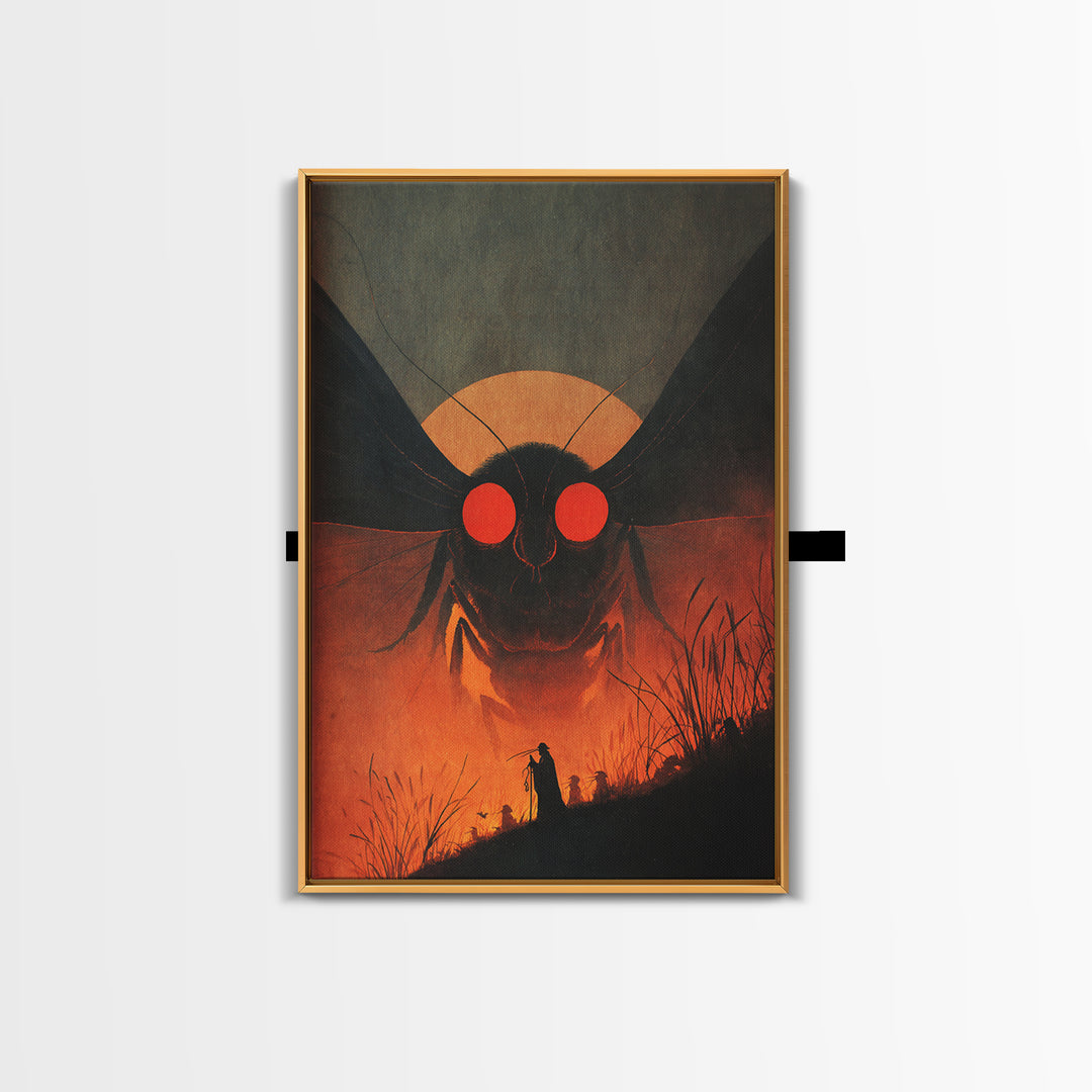 The Red-Eyed Moth Creature, Symbolist Etching Art, Vertical Wall Art, Dark Halloween Decor, Framed Canvas Print, Halloween Wall Art