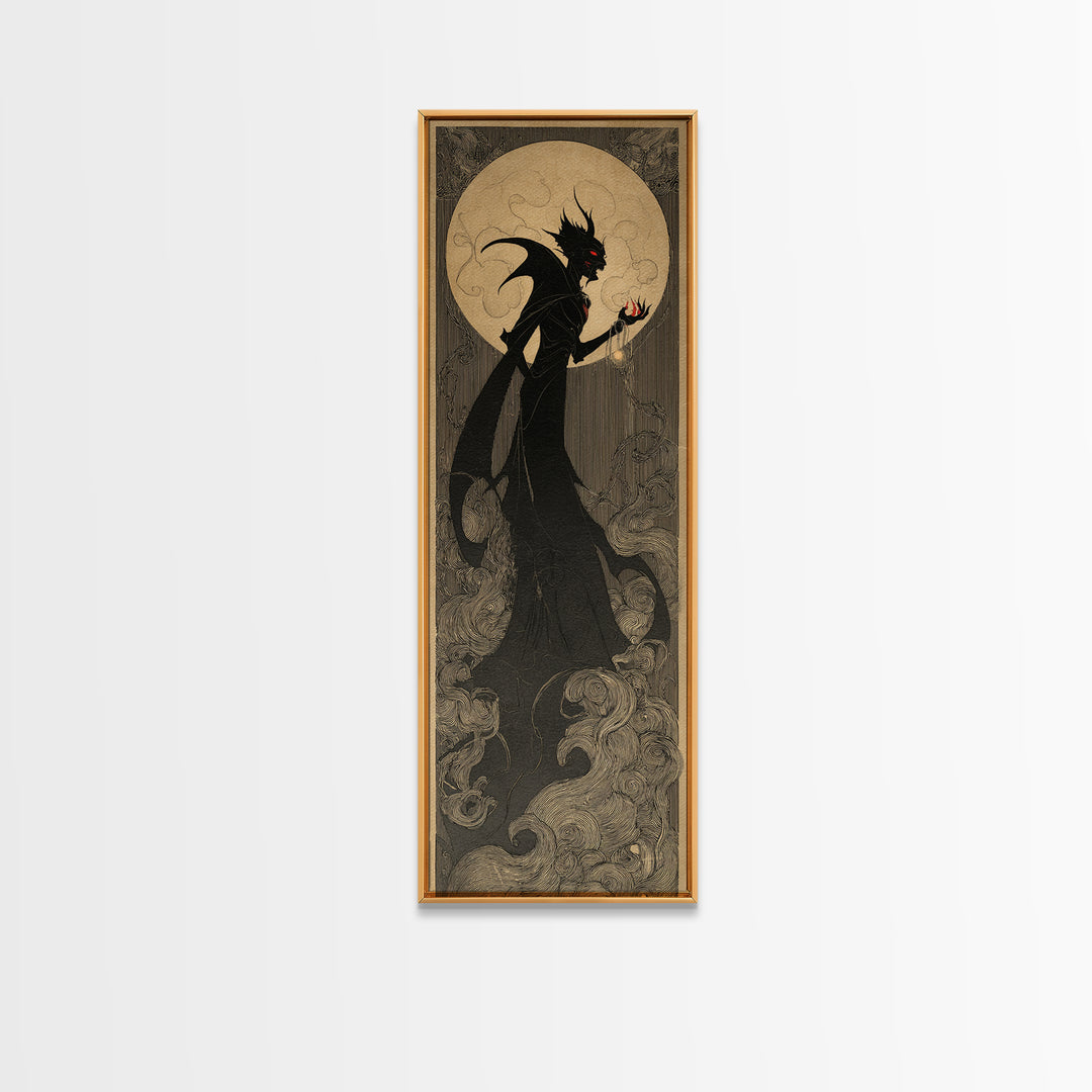 The Red-Eyed Moth Creature, Decadent Line Art, Tall Narrow Wall Art, Gothic Horror Wall Art, Framed Canvas Print