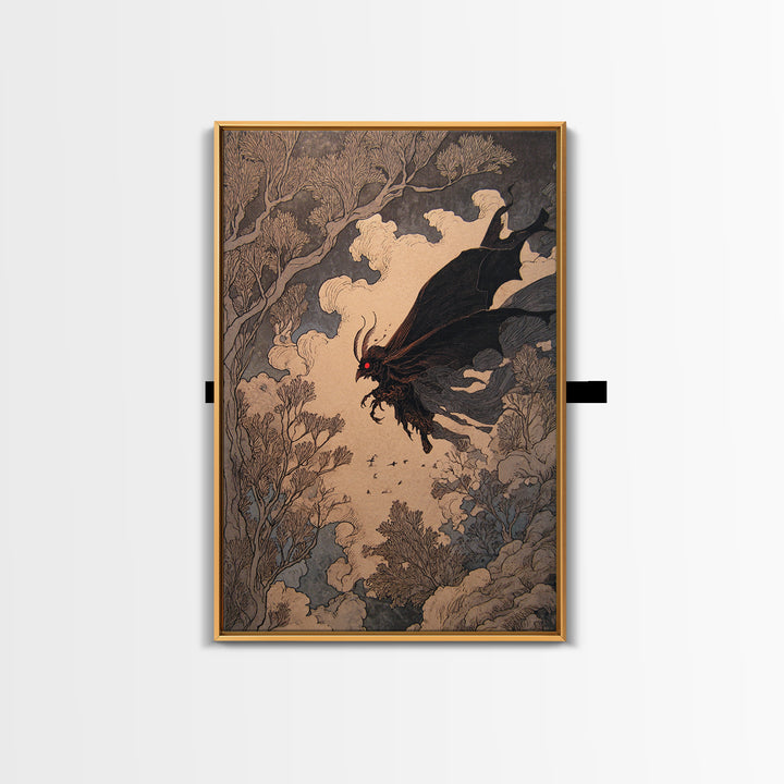 The Red-Eyed Moth Creature, Gothic Storybook Art, Vertical Wall Art, Macabre Wall Art, Canvas Print, Halloween Wall Art