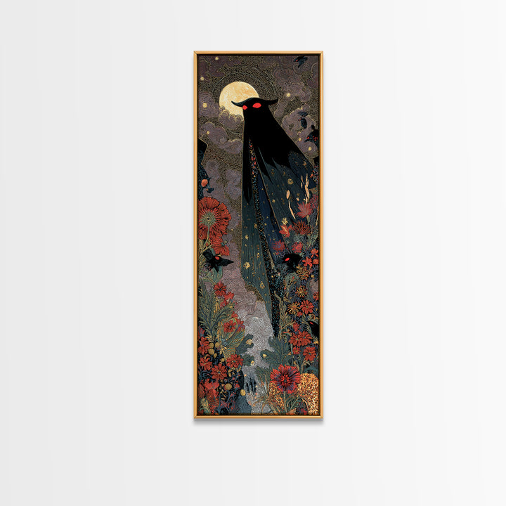 The Red-Eyed Moth Creature, Stained Glass Gothic Art, Tall Narrow Wall Art, Dark Halloween Decor, Framed Canvas Print, Halloween Wall Art