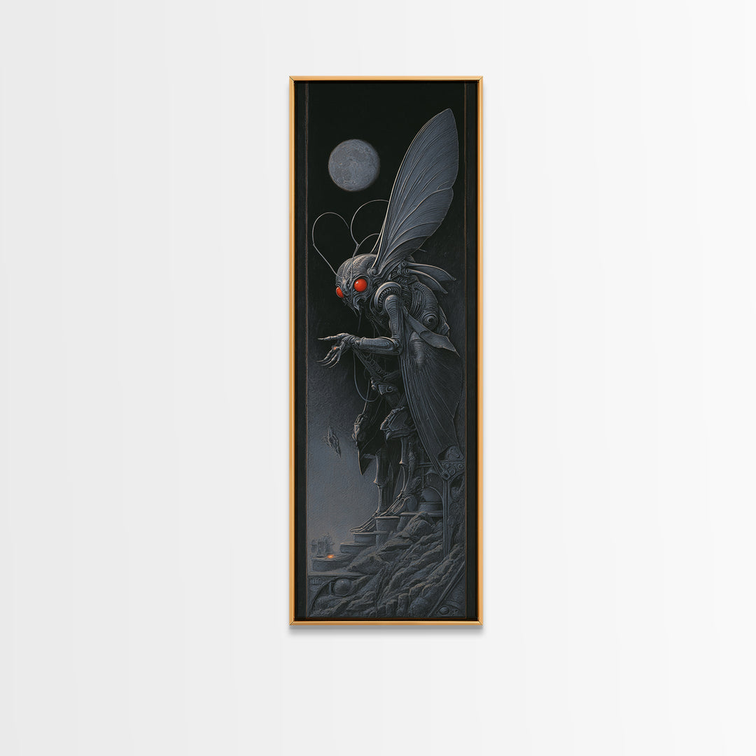 The Red-Eyed Moth Creature, Biomechanical Horror Art, Tall Narrow Wall Art, Macabre Wall Art, Canvas Print, Halloween Wall Art
