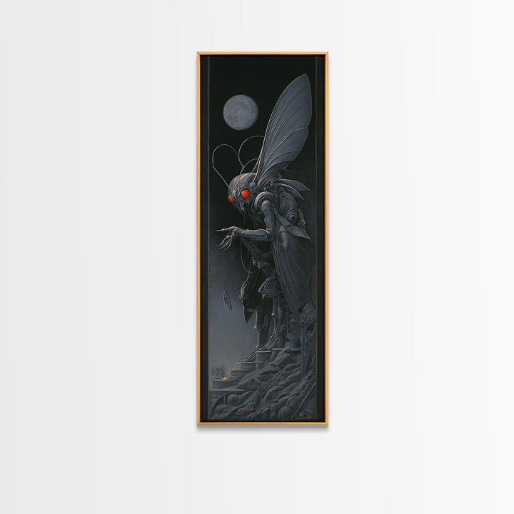 The Red-Eyed Moth Creature, Biomechanical Horror Art, Tall Narrow Wall Art, Macabre Wall Art, Canvas Print, Halloween Wall Art