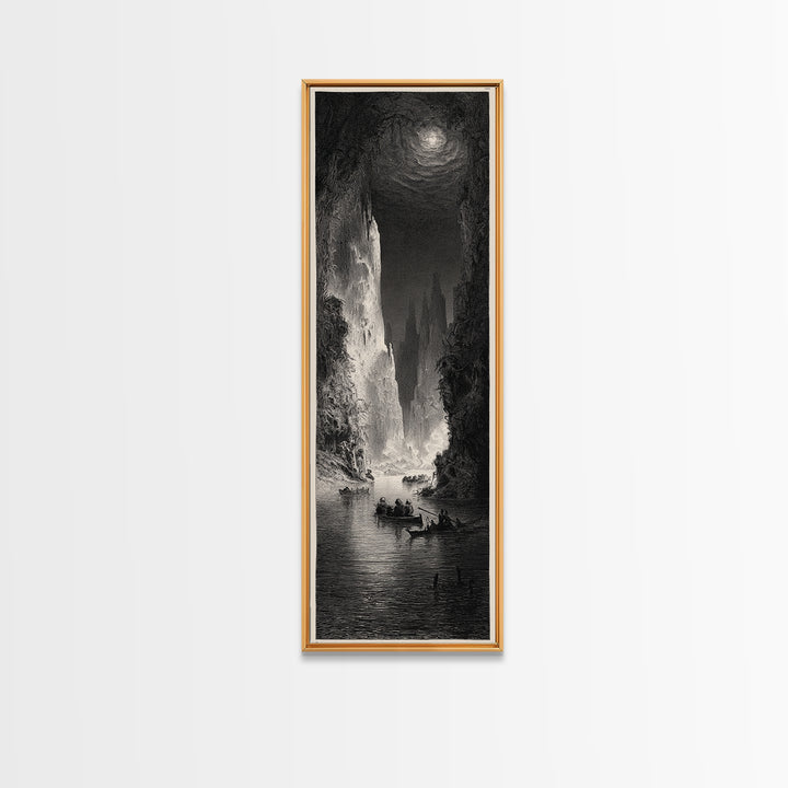 The Lake Phantom, Gothic Engraving Art, Tall Narrow Wall Art, Dark Fantasy Wall Art, Framed Canvas Print, Halloween Wall Art