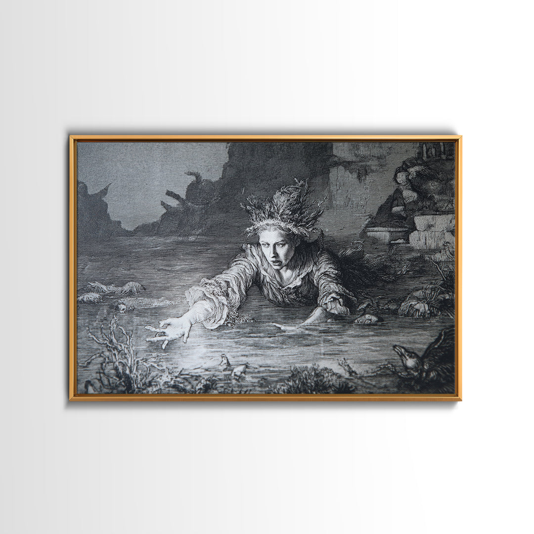The Lake Phantom, Renaissance Engraving Art, Landscape Wall Art, Macabre Wall Art, Canvas Print, Halloween Wall Art, Halloween Decor