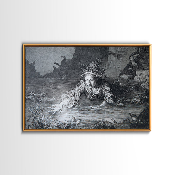 The Lake Phantom, Renaissance Engraving Art, Landscape Wall Art, Macabre Wall Art, Canvas Print, Halloween Wall Art, Halloween Decor