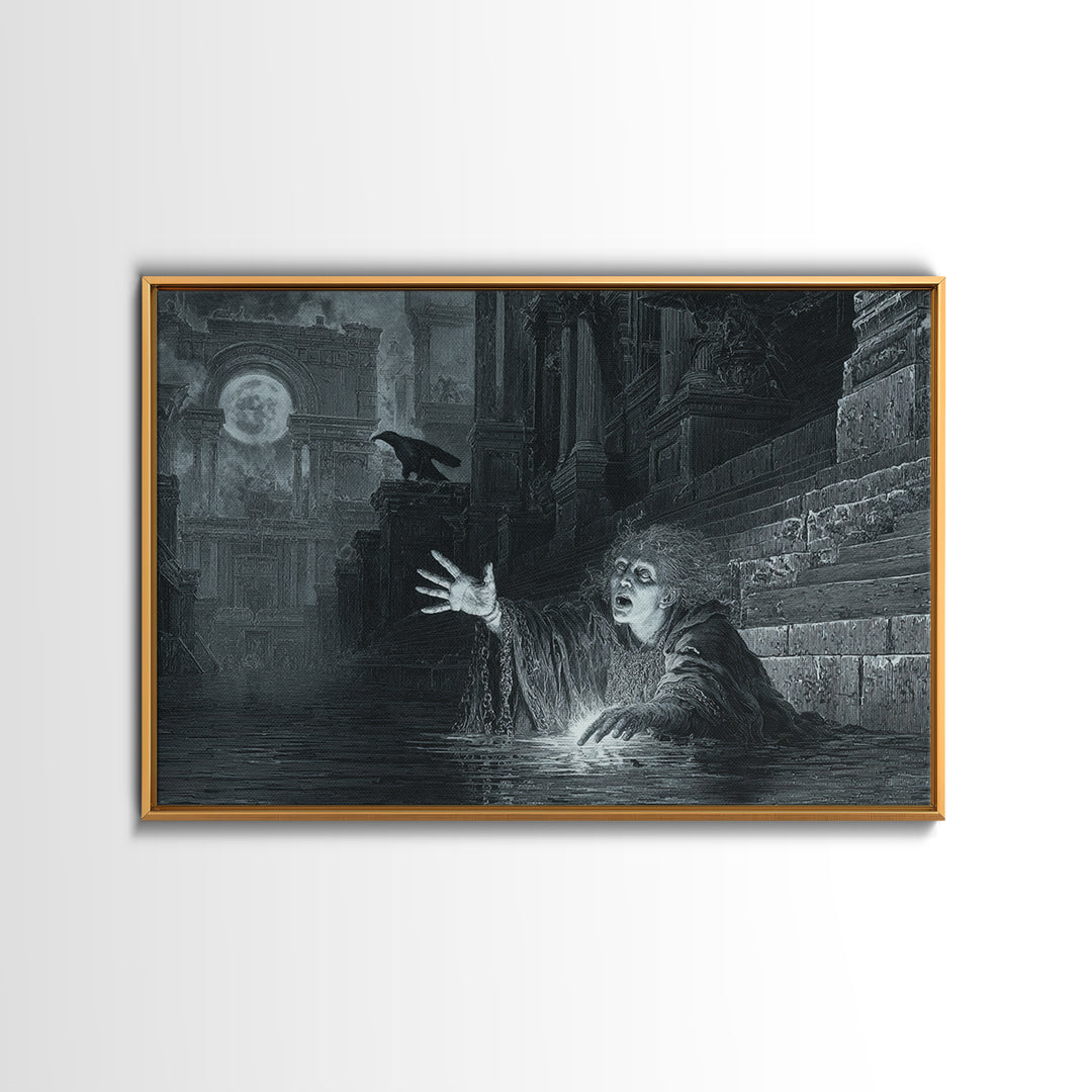 The Lake Phantom, Architectural Etching Art, Landscape Wall Art, Dark Fantasy Wall Art, Canvas Print, Halloween Wall Art