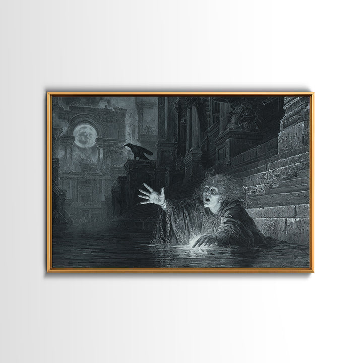 The Lake Phantom, Architectural Etching Art, Landscape Wall Art, Dark Fantasy Wall Art, Canvas Print, Halloween Wall Art