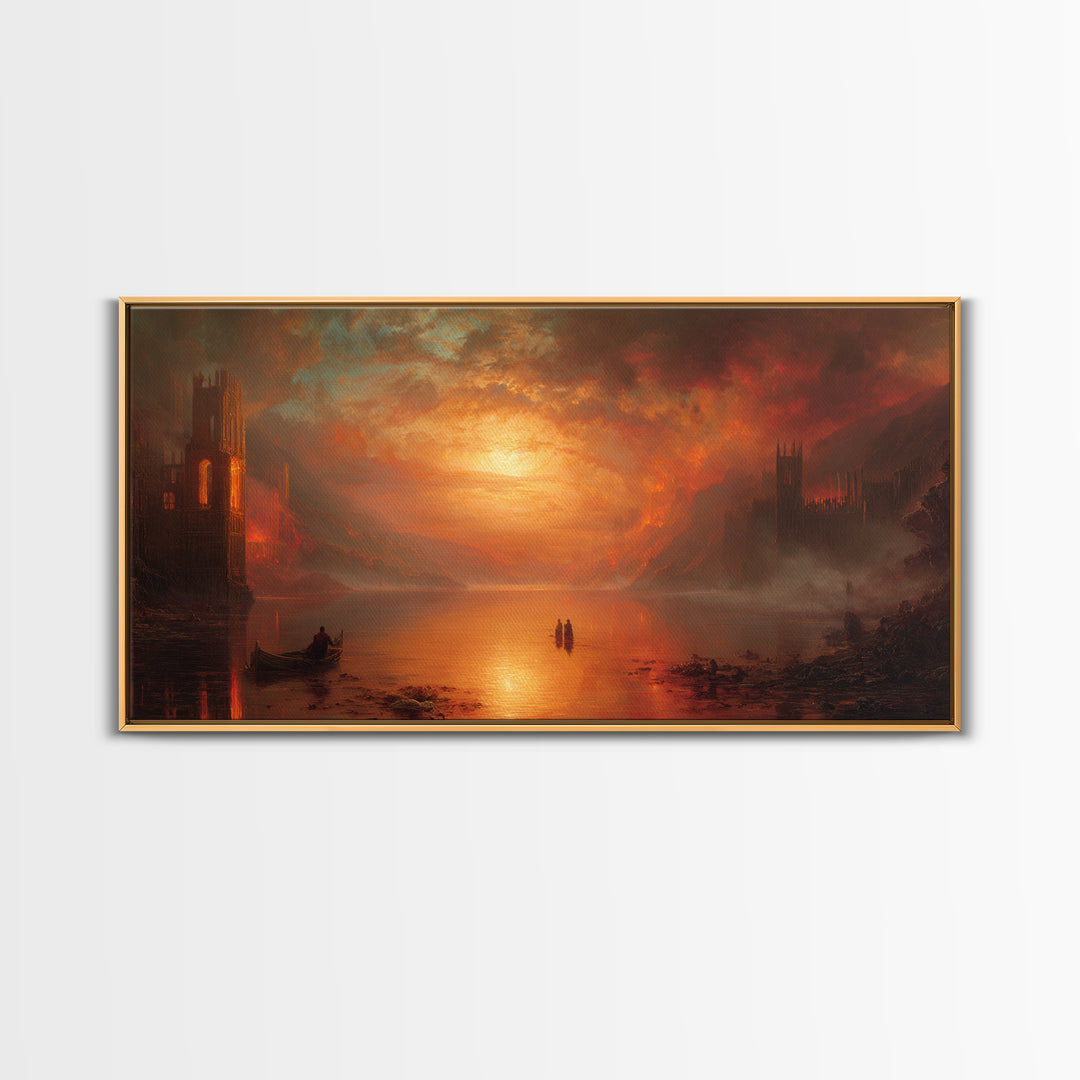The Lake Phantom, Apocalyptic Romantic Art, Wide Panoramic Art, Gothic Horror Wall Art, Framed Canvas Print, Halloween Wall Art