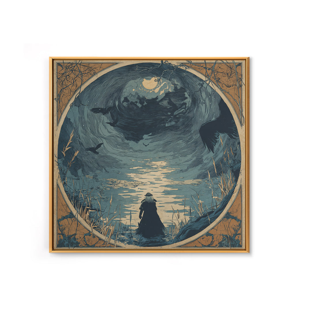 The Lake Phantom, Symbolist Etching Art, Square Wall Art, Macabre Wall Art, Framed Canvas Print, Halloween Wall Art, Dark Fantasy Art