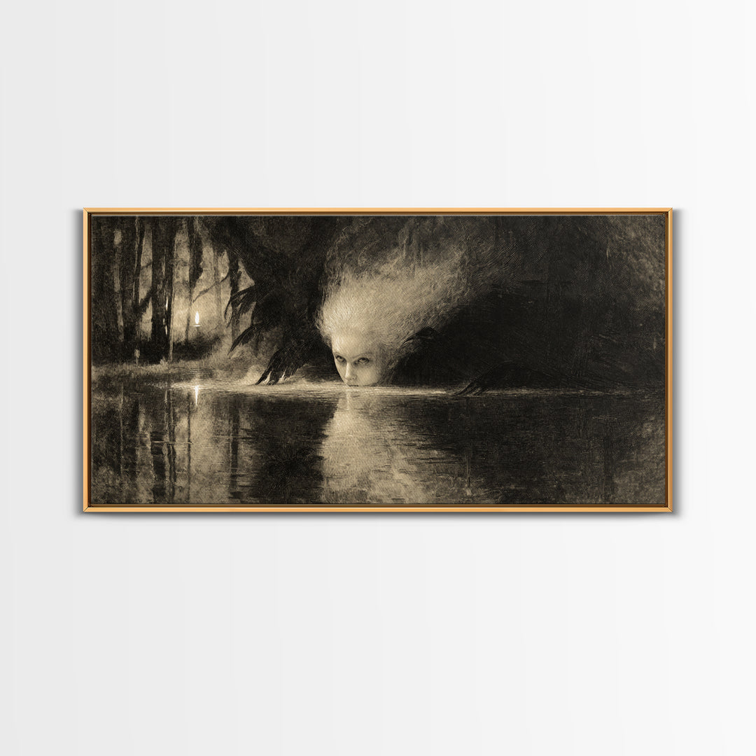 The Lake Phantom, Expressionist Nightmare Art, Wide Panoramic Art, Macabre Wall Art, Canvas Print, Halloween Wall Art, Halloween Decor