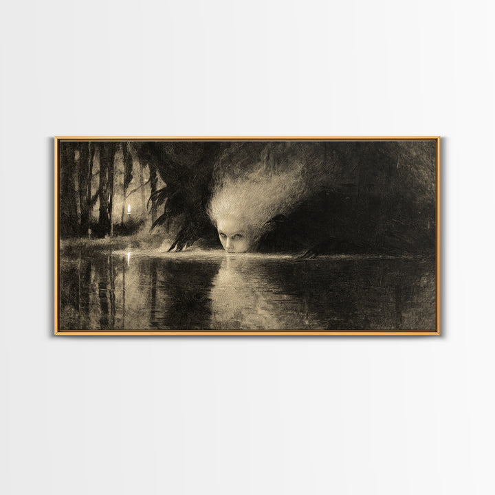 The Lake Phantom, Expressionist Nightmare Art, Wide Panoramic Art, Macabre Wall Art, Canvas Print, Halloween Wall Art, Halloween Decor