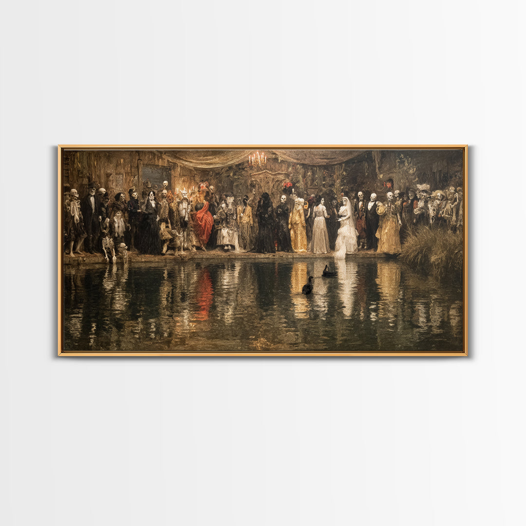 The Lake Phantom, Grotesque Carnival Art, Wide Panoramic Art, Dark Halloween Decor, Framed Canvas Print, Halloween Wall Art