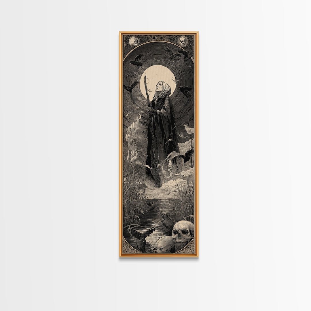 The Salt-Marsh Witch, Gothic Engraving Art, Tall Narrow Wall Art, Dark Halloween Decor, Canvas Print, Halloween Wall Art