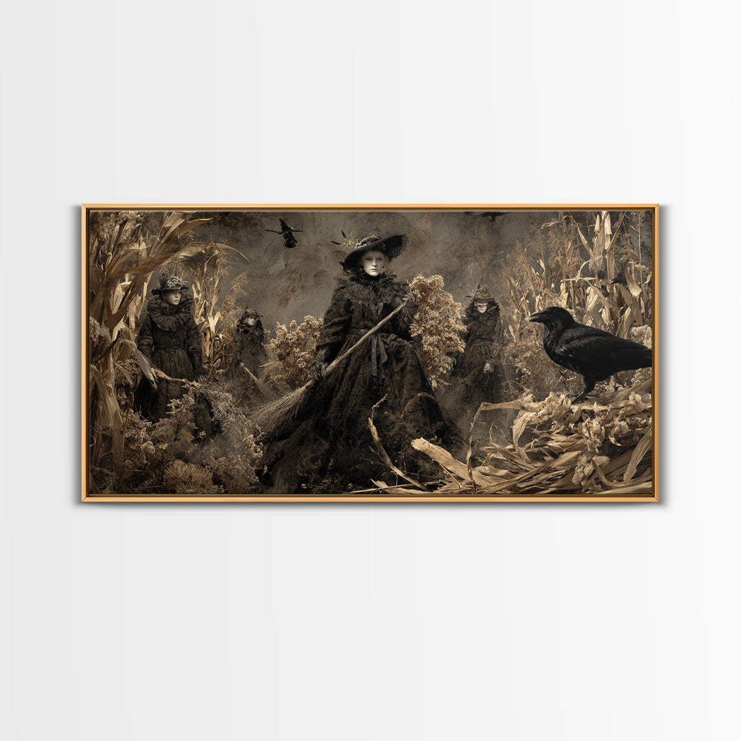 The Salt-Marsh Witch, Northern Renaissance Horror, Wide Panoramic Art, Macabre Wall Art, Framed Canvas Print, Halloween Wall Art