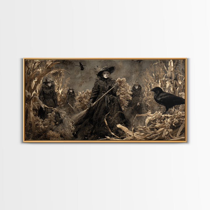 The Salt-Marsh Witch, Northern Renaissance Horror, Wide Panoramic Art, Macabre Wall Art, Framed Canvas Print, Halloween Wall Art