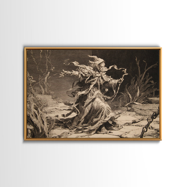 The Salt-Marsh Witch, Architectural Etching Art, Landscape Wall Art, Gothic Horror Wall Art, Framed Canvas Print