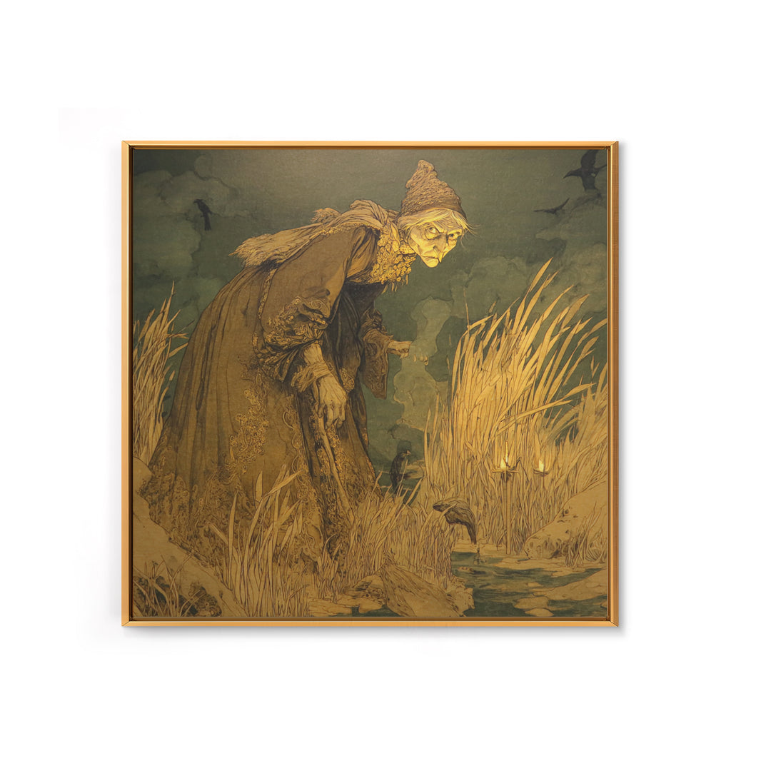 The Salt-Marsh Witch, Symbolist Etching Art, Square Wall Art, Dark Halloween Decor, Framed Canvas Print, Halloween Wall Art