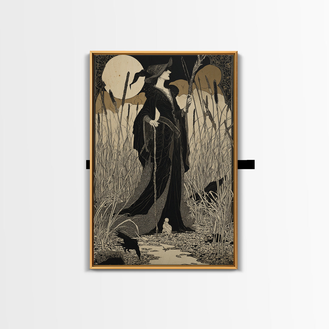 The Salt-Marsh Witch, Decadent Line Art, Vertical Wall Art, Dark Halloween Decor, Framed Canvas Print, Halloween Wall Art