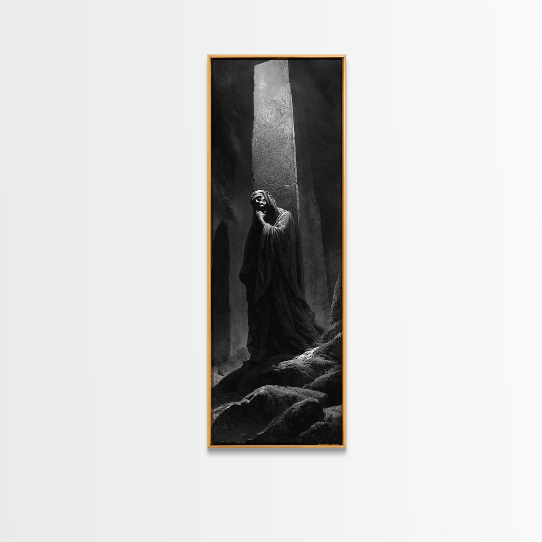 The Stone-Circle Spirit, Gothic Engraving Art, Tall Narrow Wall Art, Macabre Wall Art, Framed Canvas Print, Halloween Wall Art