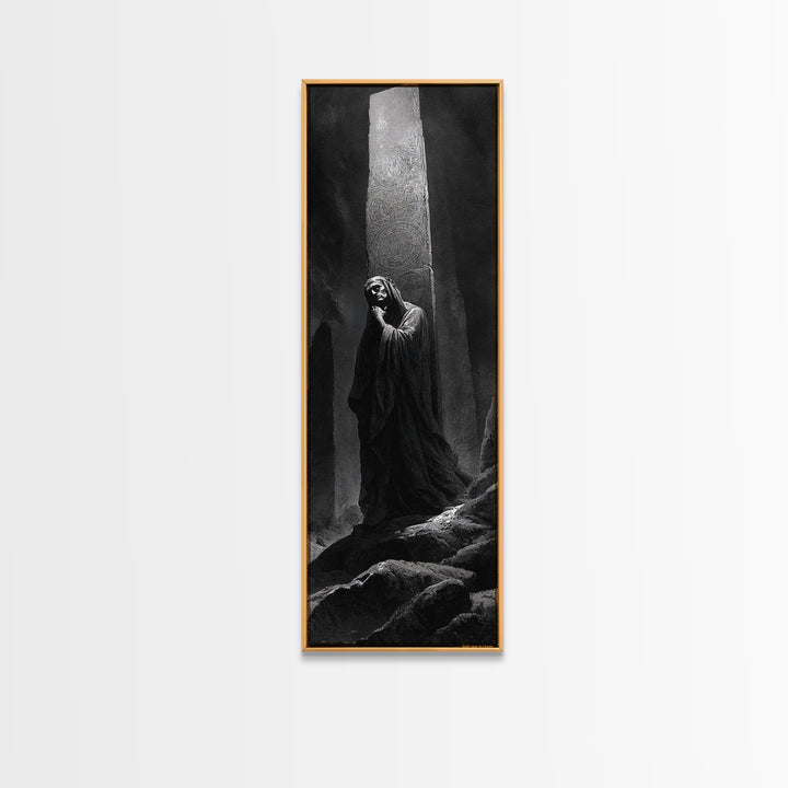 The Stone-Circle Spirit, Gothic Engraving Art, Tall Narrow Wall Art, Macabre Wall Art, Framed Canvas Print, Halloween Wall Art