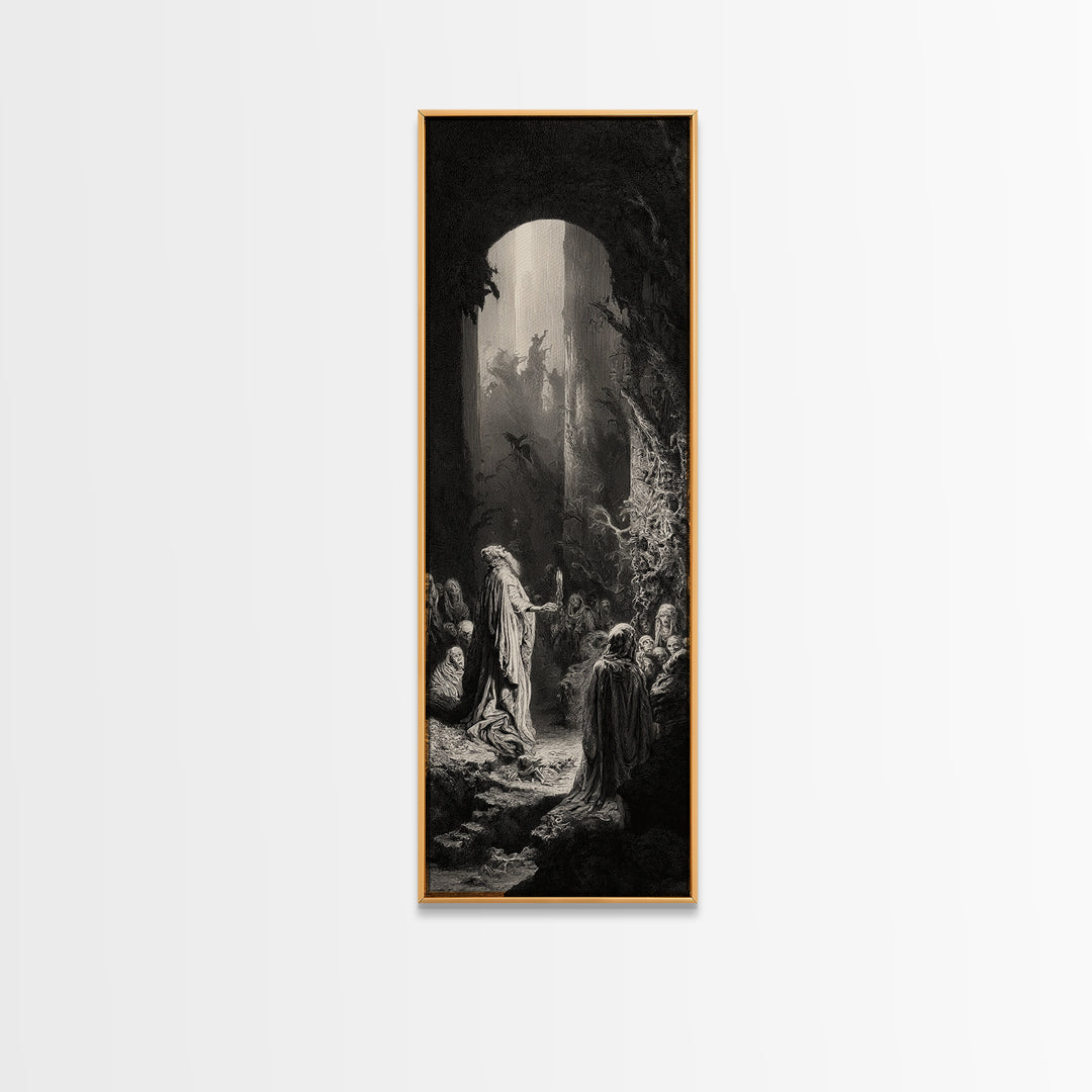 The Cave Oracle, Gothic Engraving Art, Tall Narrow Wall Art, Dark Halloween Decor, Framed Canvas Print, Halloween Wall Art