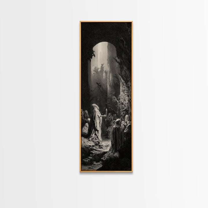The Cave Oracle, Gothic Engraving Art, Tall Narrow Wall Art, Dark Halloween Decor, Framed Canvas Print, Halloween Wall Art