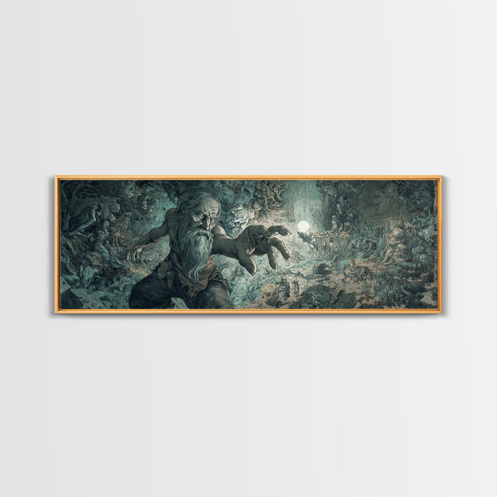 The Cave Oracle, Medieval Grotesque Art, Extra Wide Wall Art, Dark Halloween Decor, Framed Canvas Print, Halloween Wall Art
