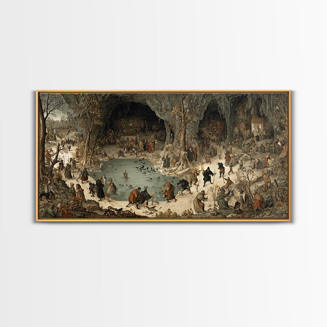 The Cave Oracle, Northern Renaissance Horror, Wide Panoramic Art, Gothic Horror Wall Art, Framed Canvas Print, Halloween Wall Art