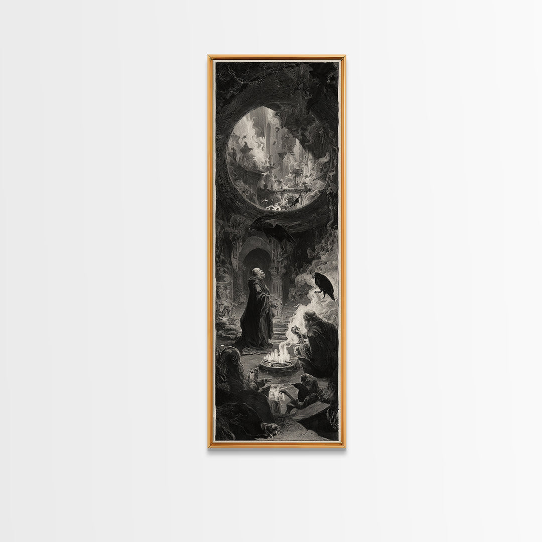 The Cave Oracle, Architectural Etching Art, Tall Narrow Wall Art, Dark Halloween Decor, Framed Canvas Print, Dark Fantasy Art