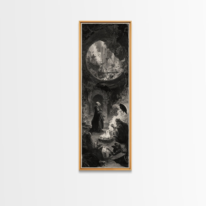The Cave Oracle, Architectural Etching Art, Tall Narrow Wall Art, Dark Halloween Decor, Framed Canvas Print, Dark Fantasy Art