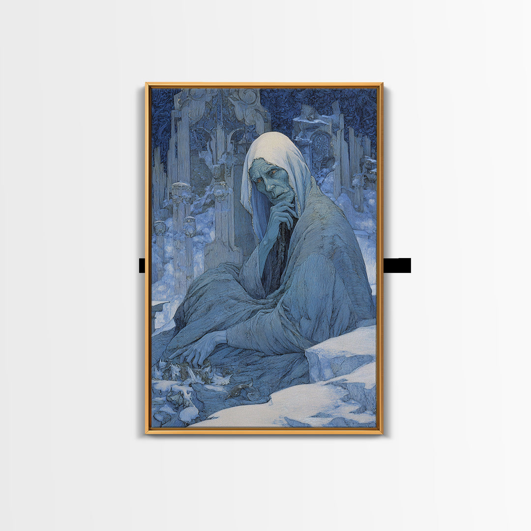 The Cave Oracle, Symbolist Death Art, Vertical Wall Art, Dark Fantasy Wall Art, Framed Canvas Print, Halloween Wall Art