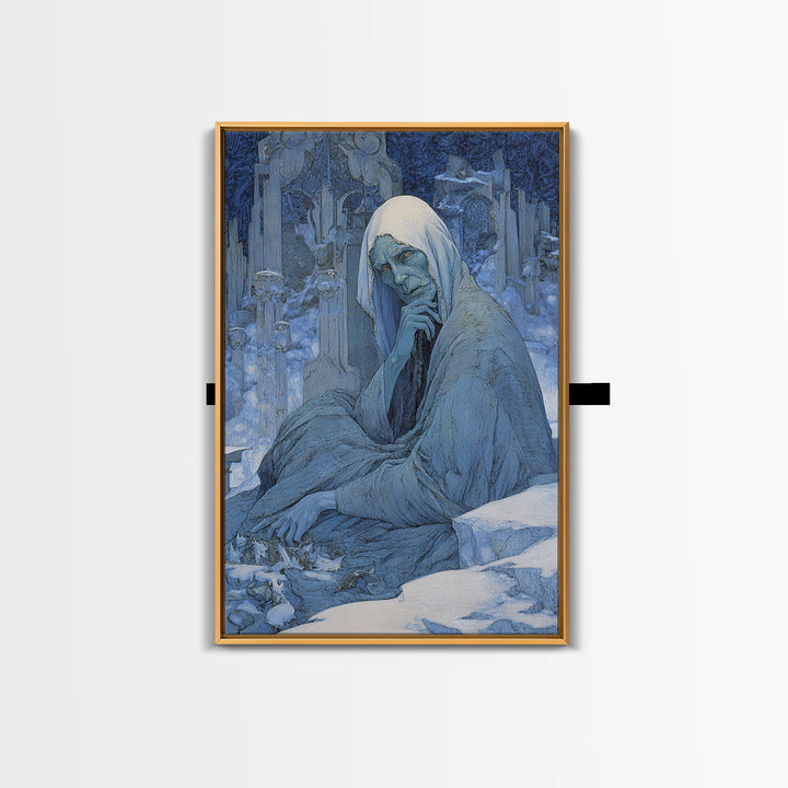 The Cave Oracle, Symbolist Death Art, Vertical Wall Art, Dark Fantasy Wall Art, Framed Canvas Print, Halloween Wall Art